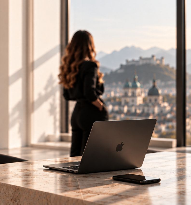 Rückenansicht einer Frau mit langen, welligen Haaren an einem großen Fenster mit Blick über eine Altstadt mit Burg und Bergen; im Vordergrund ein Marmortisch mit Laptop und Smartphone im warmen Sonnenlicht.